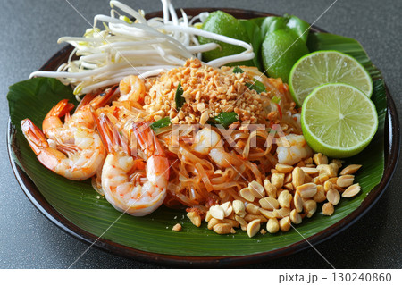 Delicious Pad Thai with shrimp, vibrant colors, lime, and peanuts 130240860
