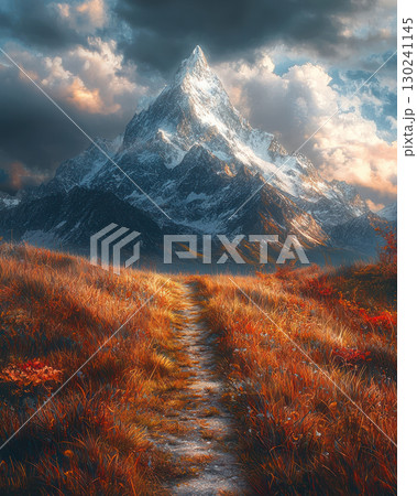 scenic path leads to majestic mountain peak, symbolizing success and adventure. vibrant landscape evokes sense of wonder and 130241145