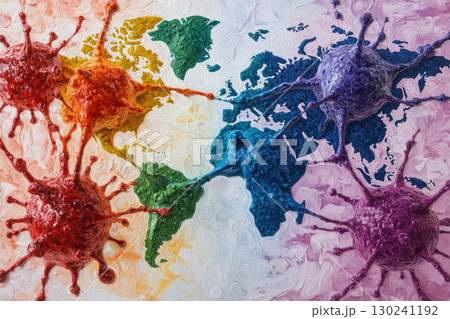 Stylized world map with vibrant colors and interconnected pathways representing healthy lifestyles away from cancer cells 130241192