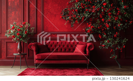 Elegant red velvet sofa surrounded by roses on deep red wall 130241624