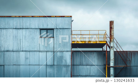 Industrial modular structure with prefabricated units under overcast sky. raw materials create stark, modern aesthetic 130241633