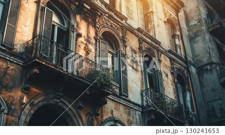 Soft sunlight vintage building exterior shows old world charm and sense of historic grandeur, it looks beautiful and artistic Soft sunlight vintage building exterior shows old world charm and sense of historic grandeur, it looks beautiful and artistic 130241653