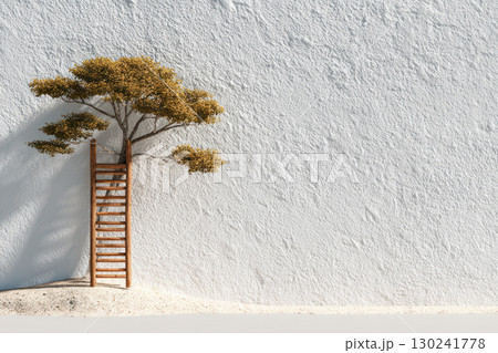 Climbing wooden ladder toward sustainable future with small tree growing against textured white wall in minimalistic setting 130241778