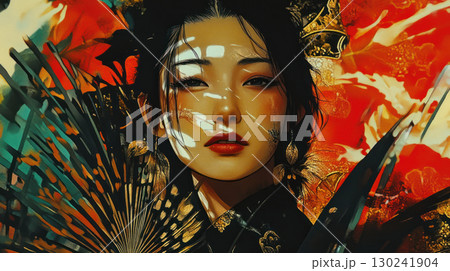 Portrait of woman with fan, vibrant colors and intricate details 130241904