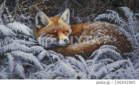 fox resting peacefully amidst frosted ferns in serene winter forest 130241905