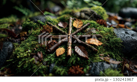 Navigating business growth with sustainable strategy is symbolized by natural elements arranged on moss, inspiring eco friendly progress 130241967