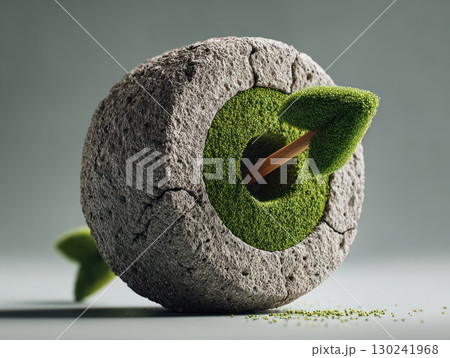 Sustainable business goals are powered by renewables symbolized by green arrow made of moss hitting stone target with natural energy 130241968