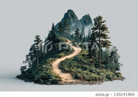 Sustainable path to success winds through lush green forest and rocky mountain peaks creating serene and inspiring natural journey 130241969