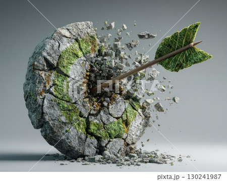 Sustainable business goals are powered by renewables symbolized by cracked stone target hit by arrow with leaf tip showing growth and impact 130241987