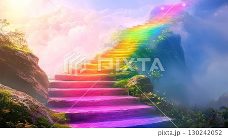 vibrant rainbow staircase ascending into dreamy sky, surrounded by clouds and greenery, evokes sense of wonder and magic 130242052