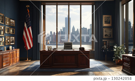 presidential office with view of city skyline, featuring red, white, and blue accents 130242058