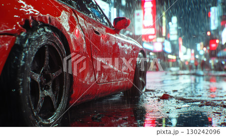 Damaged red car door in heavy rain on neon lit urban street with wet ground reflections creating cinematic moody atmosphere 130242096