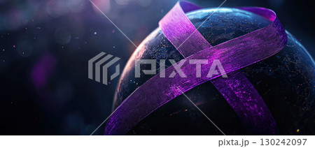 Stylized globe with bold graphic purple cancer awareness ribbon wrapped around it, clean and modern design 130242097