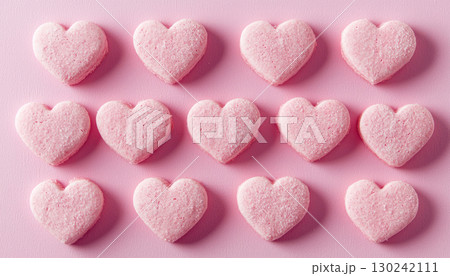 Heart shaped pink cookies arranged in delightful pattern, perfect for Valentine Day treats 130242111