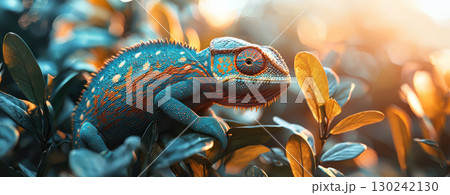 vibrant chameleon perched on lush green leaves, illuminated by warm sunlight, symbolizing adaptability and growth 130242130