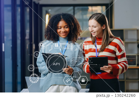 API Application Programming Interface, woman using laptop, tablet and smartphone with virtual screen API icon Software development tool, modern technology 130242260