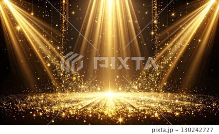 豪華な金色のスポットライトとステージ背景　輝く粒子と光の演出 130242727
