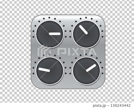 Silver square audio mixing console icon with four black control knobs 130243442