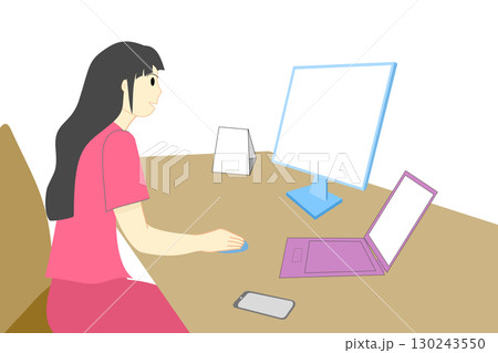 Working woman with laptop and computer monitor on a desk, a minimalistic cartoon vector illustration 130243550