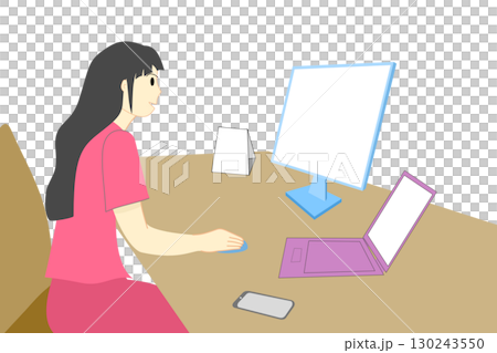 Working woman with laptop and computer monitor on a desk, a minimalistic cartoon vector illustration 130243550