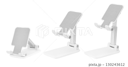 set white plastic phone stand isolate on white background set white plastic phone stand isolate on white background 130243612