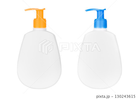 White plastic bottle with blue and orange dispenser and liquid hand soap on isolated white background White plastic bottle with blue and orange dispenser and liquid hand soap on isolated white background 130243615