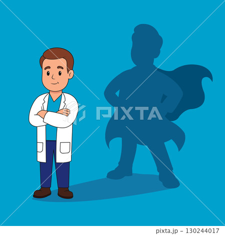Superhero doctor concept. Cartoon male physician with heroic shadow Superhero doctor concept. Cartoon male physician with heroic shadow 130244017
