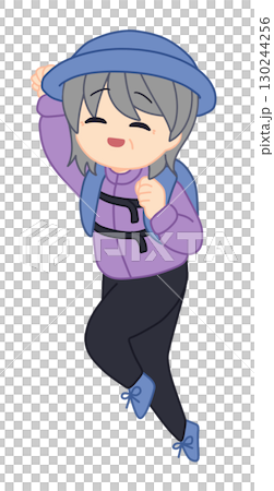 Granny jumping with mountain climbing equipment 130244256