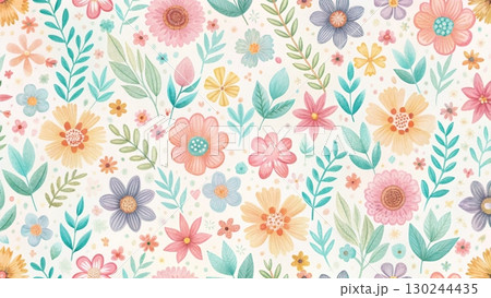 Soft pastel colored flowers in watercolor style Background 130244435