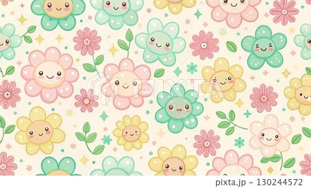 A seamless kawaii floral pattern with cute smiling cartoon flowers in pastel colors Background A seamless kawaii floral pattern with cute smiling cartoon flowers in pastel colors Background 130244572