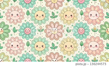 A seamless kawaii floral pattern with cute smiling cartoon flowers in pastel colors Background 130244573