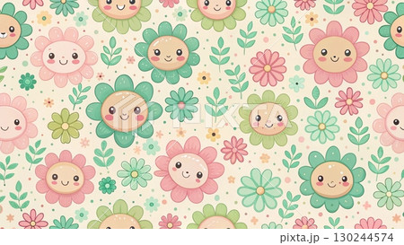 A seamless kawaii floral pattern with cute smiling cartoon flowers in pastel colors Background A seamless kawaii floral pattern with cute smiling cartoon flowers in pastel colors Background 130244574