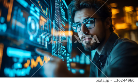 A businessman interacts with a financial graph screen display. The concept of investment, economic growth, and digital financial analysis. Generative AI. 130244960