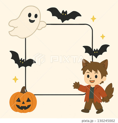 オオカミ男に仮装した男の子とハロウィンモチーフの可愛いフレーム 130245002