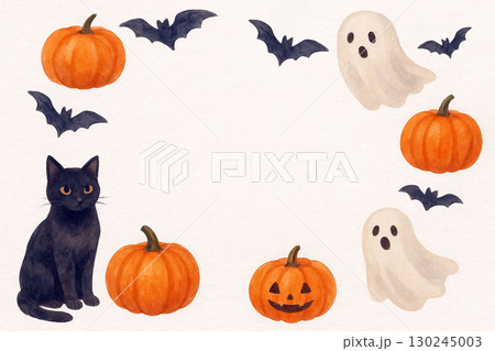 黒猫・かぼちゃ・おばけの水彩風ハロウィンフレームイラスト 130245003