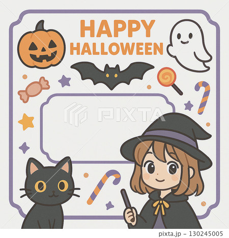 魔女の女の子と黒猫が可愛いハロウィンメッセージフレーム 130245005
