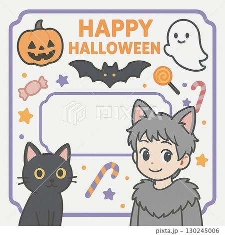 オオカミに仮装した男の子と黒猫のハロウィンフレームイラスト 130245006
