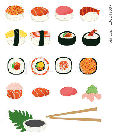 Sushi vector illustration collection set. Japanese cuisine. cute cartoon. sushi roll, salmon roll, sashimi, wasabi, chopstick and tobiko. 130245007