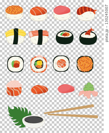 Sushi vector illustration collection set. Japanese cuisine. cute cartoon. sushi roll, salmon roll, sashimi, wasabi, chopstick and tobiko. 130245007