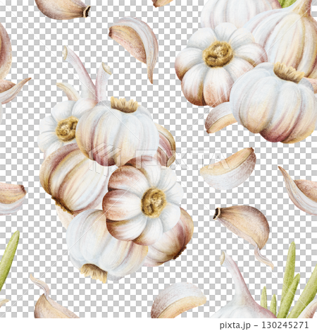 Watercolor seamless pattern with garlic, leaves and cloves on white with dry and raw bulbs and plant stem. Hand drawn botanical vegetable repeat background for folk medicine food designs Watercolor seamless pattern with garlic, leaves and cloves on white with dry and raw bulbs and plant stem. Hand drawn botanical vegetable repeat background for folk medicine food designs 130245271