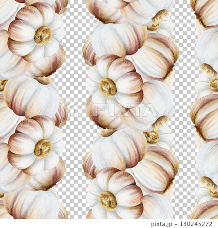 Watercolor garlic string bulbs seamless pattern on white. Hand drawn realistic Italian vegetables repeat background for spice recipes, traditional medicine and food cooking designs 130245272