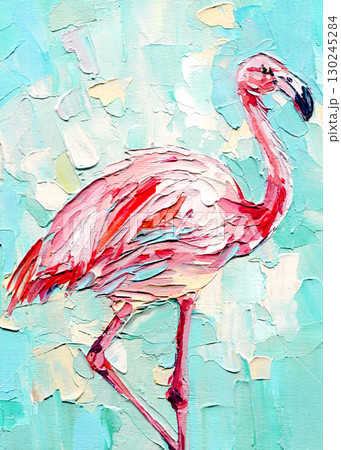Pink flamingo impasto oil painting on turquoise background exotic tropical bird textured feathers canvas wall art decor 130245284