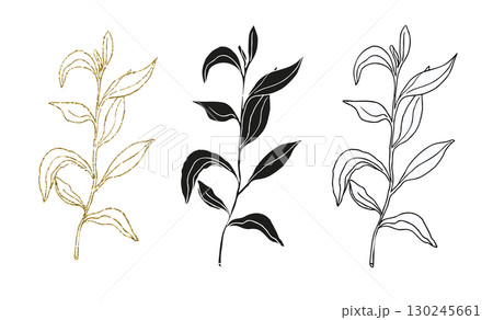 Palm leaves line art, silhouette and glitter simple hand drawn vector illustration set, isolate on white background Palm leaves line art, silhouette and glitter simple hand drawn vector illustration set, isolate on white background 130245661