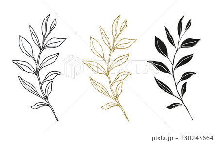 Palm leaves line art, silhouette and glitter simple hand drawn vector illustration set, isolate on white background Palm leaves line art, silhouette and glitter simple hand drawn vector illustration set, isolate on white background 130245664
