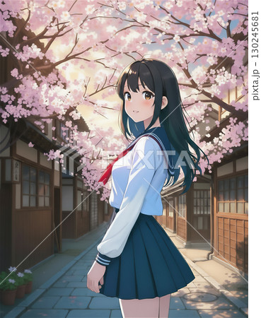 古い町並みでたたずむセーラー服の女性【春】 130245681