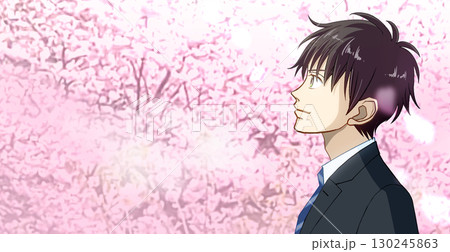 満開の桜、学生または社会人の男性のアニメ風イラスト、左に余白 満開の桜、学生または社会人の男性のアニメ風イラスト、左に余白 130245863