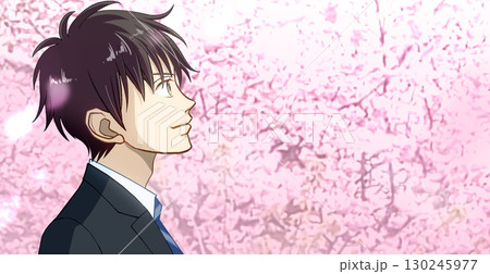 満開の桜、学生または社会人の男性のアニメ風イラスト、右に余白 満開の桜、学生または社会人の男性のアニメ風イラスト、右に余白 130245977