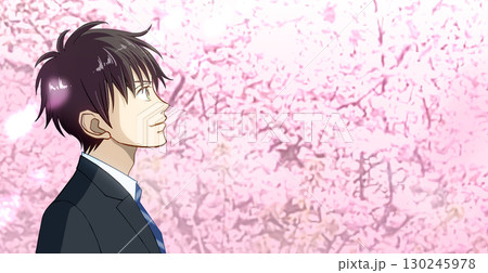 満開の桜、学生または社会人の男性のアニメ風イラスト、右に余白 満開の桜、学生または社会人の男性のアニメ風イラスト、右に余白 130245978