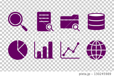 Marketing and statistical analysis icon collection / bar graph, pie chart, line graph, etc. / purple flat 130245989