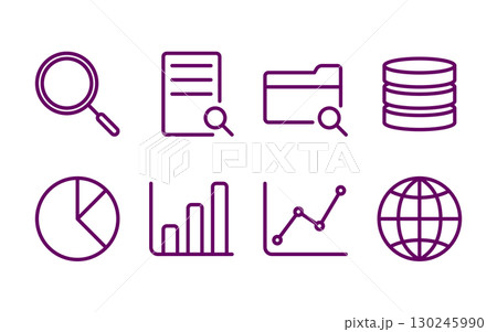 マーケティングと統計解析のアイコン集／棒グラフ・円グラフ・折れ線グラフなど／紫カラー線画 130245990